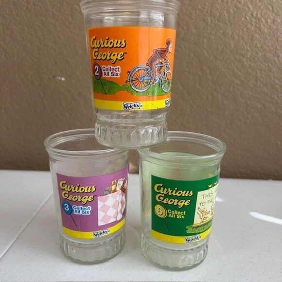 Welch's Curious George 2 3 6 Collectible Jar Jelly Glass Set of 3 Monkey - Picture 1 of 10